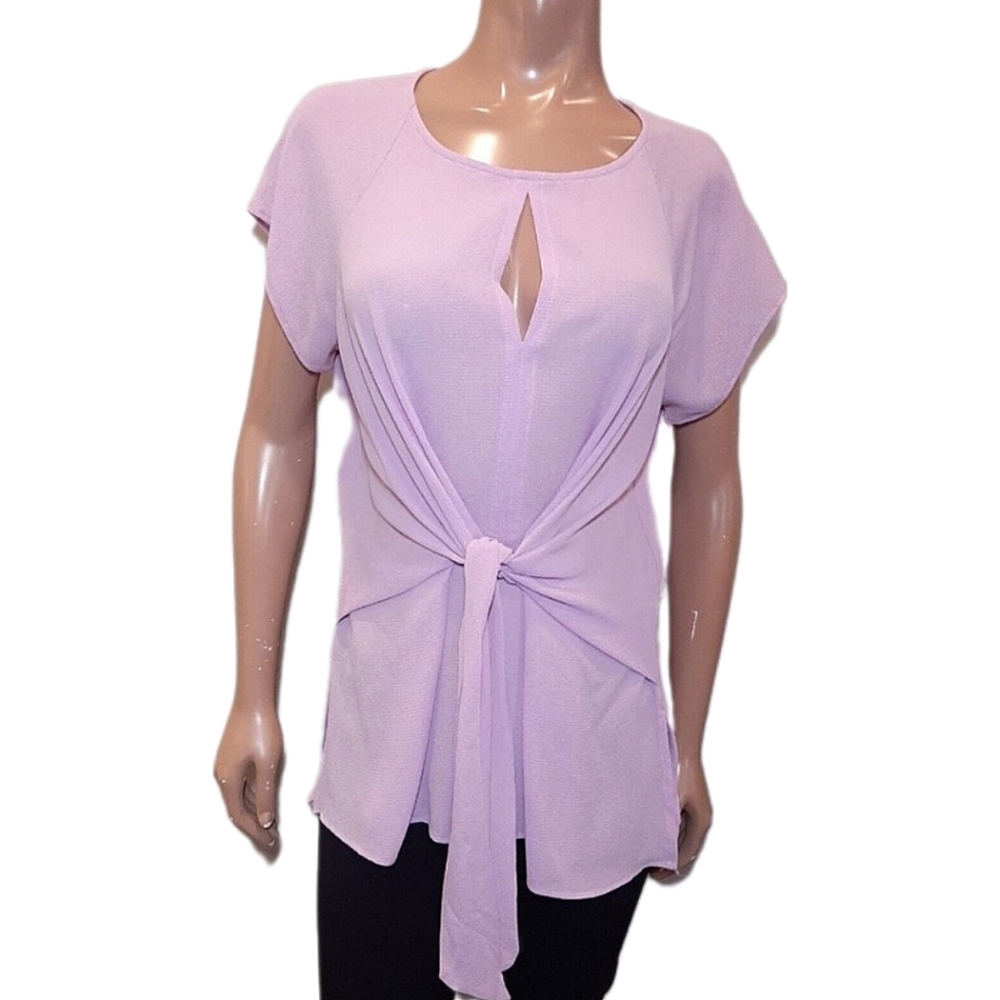 Chenault Tie Front Blouse Pink Short Sleeve Keyhole Tunic Top Womens XL